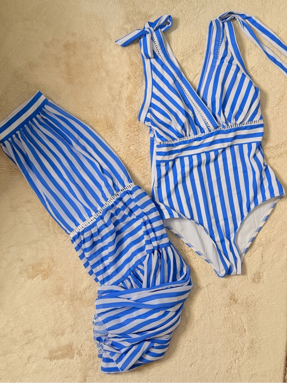 ‼️‼️Blue and White Stripe One-Piece Swimsuit and Cover-Up Set‼️‼️